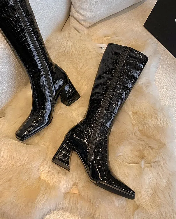 55mm Heel Leather Knee High Boots for Women in Black/Brown
