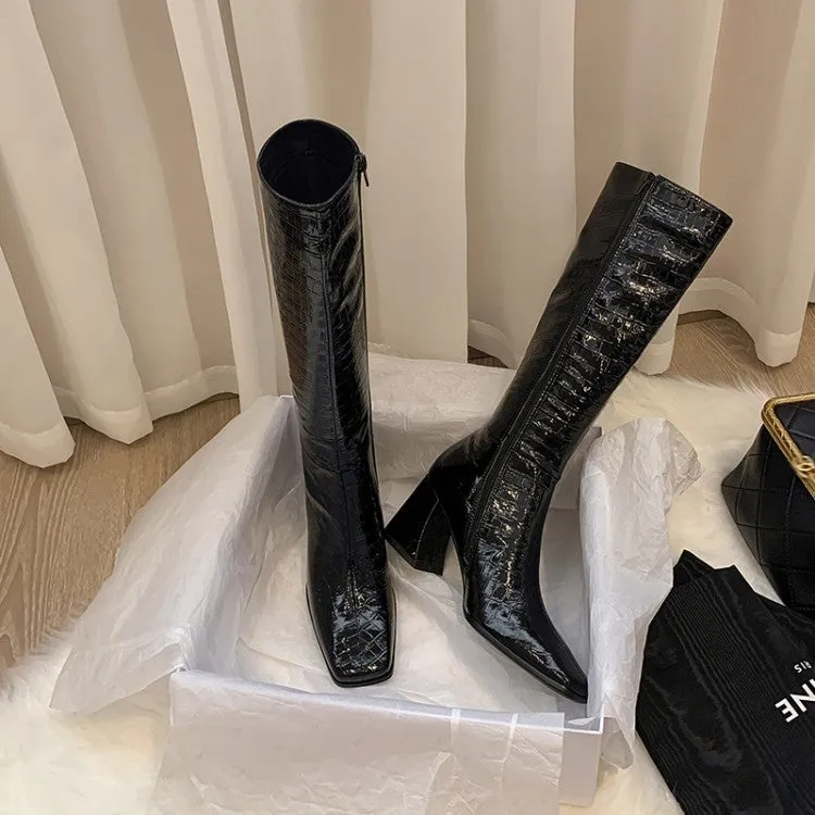 55mm Heel Leather Knee High Boots for Women in Black/Brown