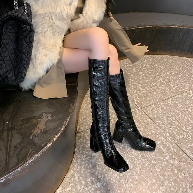 55mm Heel Leather Knee High Boots for Women in Black/Brown