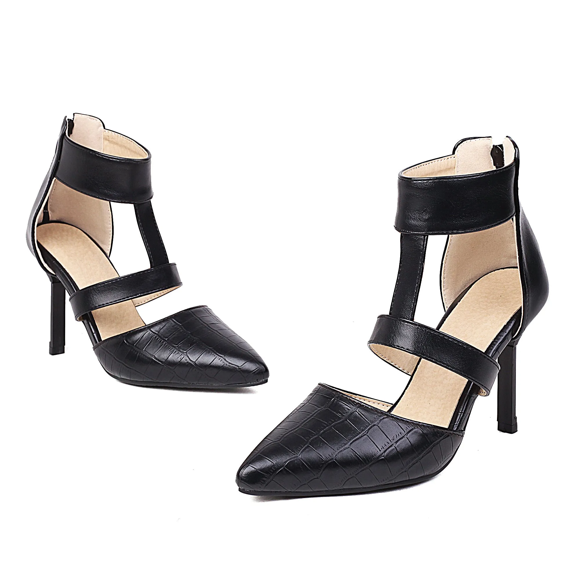 Bigsizeheels T Strap Pointed Toe Stiletto Heels Sandals - Black