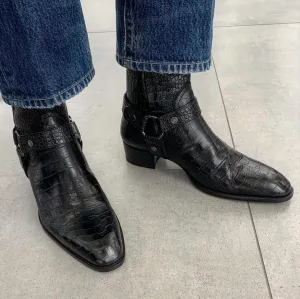 Black Crocodile Print Leather Ravien Harness Chelsea Boots