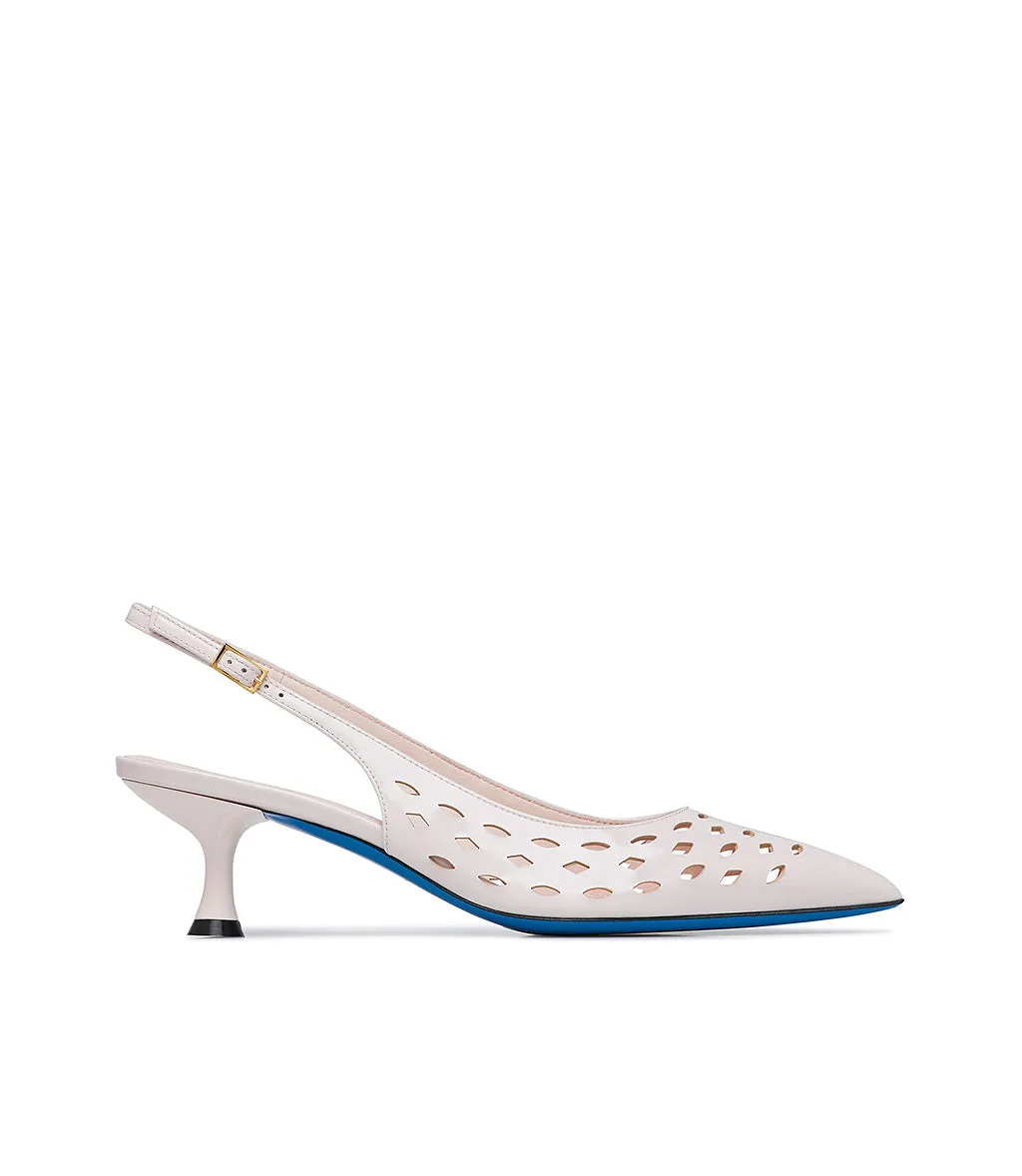 Laser-cut powder pink patent leather slingback pumps 