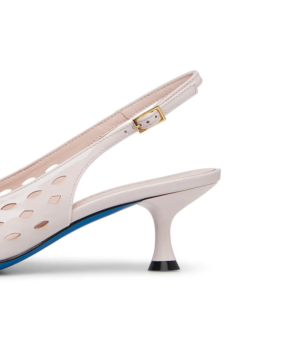 Laser-cut powder pink patent leather slingback pumps 