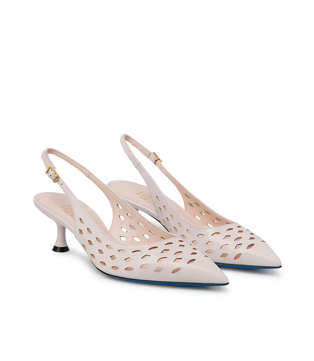 Laser-cut powder pink patent leather slingback pumps 
