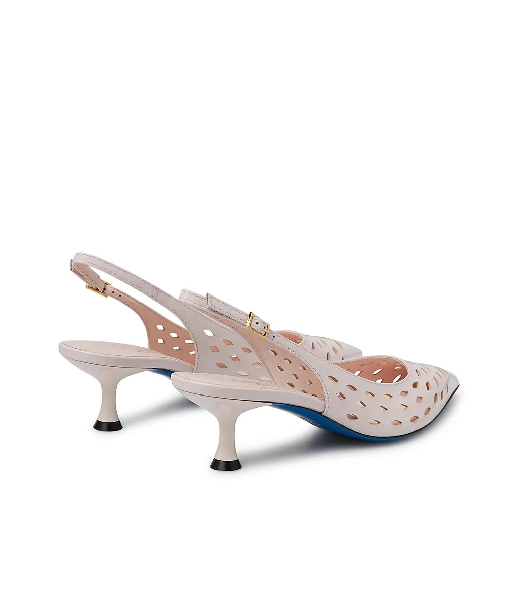 Laser-cut powder pink patent leather slingback pumps 