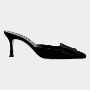Manolo Blahnik black suede open back pumps with buckle detail at the toes
