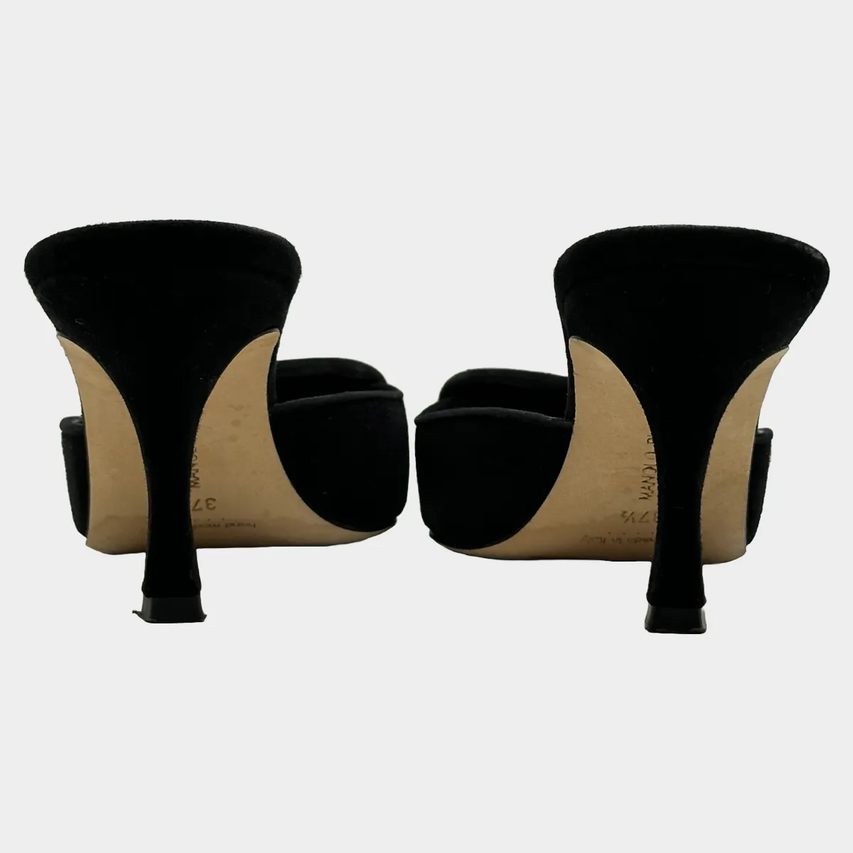 Manolo Blahnik black suede open back pumps with buckle detail at the toes