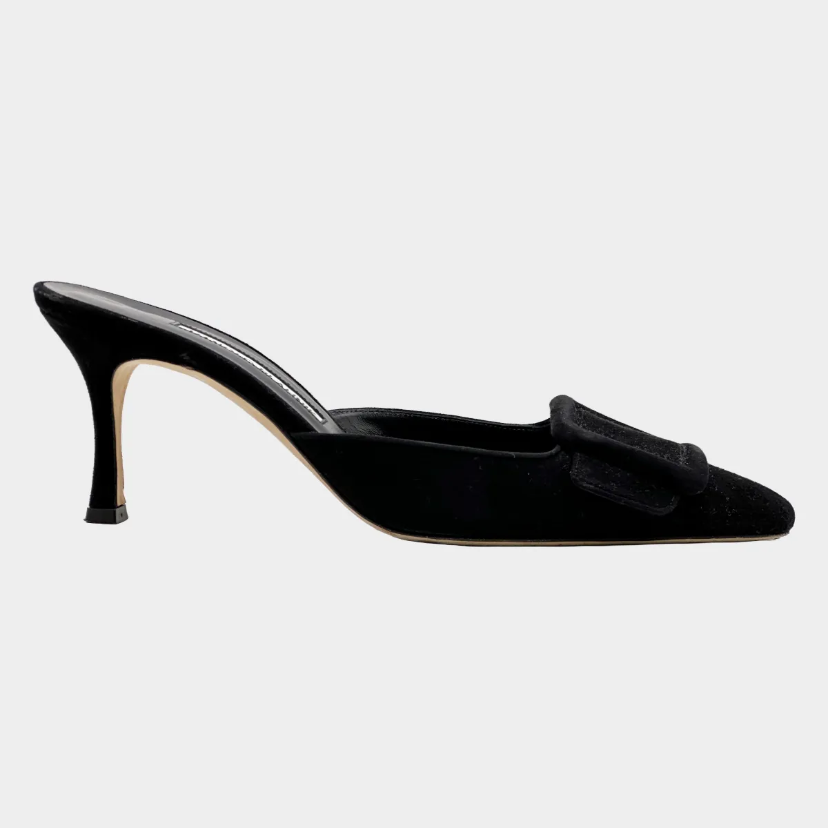 Manolo Blahnik black suede open back pumps with buckle detail at the toes