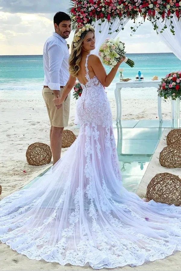 Mermaid Spaghetti Straps Lace Wedding Dress Beach Bridal Gown TN360