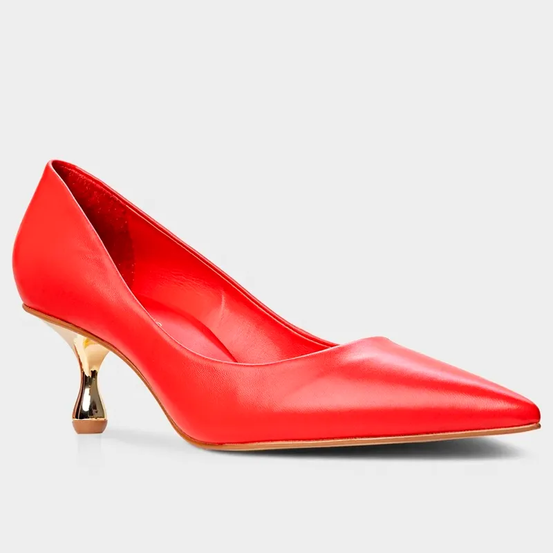 Red Pointy Gold Kitten Heels