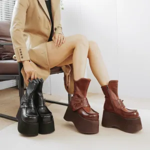 Retro Boots For Women Leather 90mm Platform Boots Touch-strap in Black/Coffee