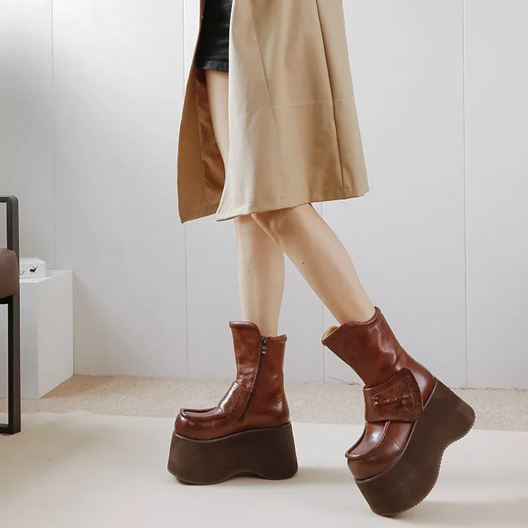 Retro Boots For Women Leather 90mm Platform Boots Touch-strap in Black/Coffee