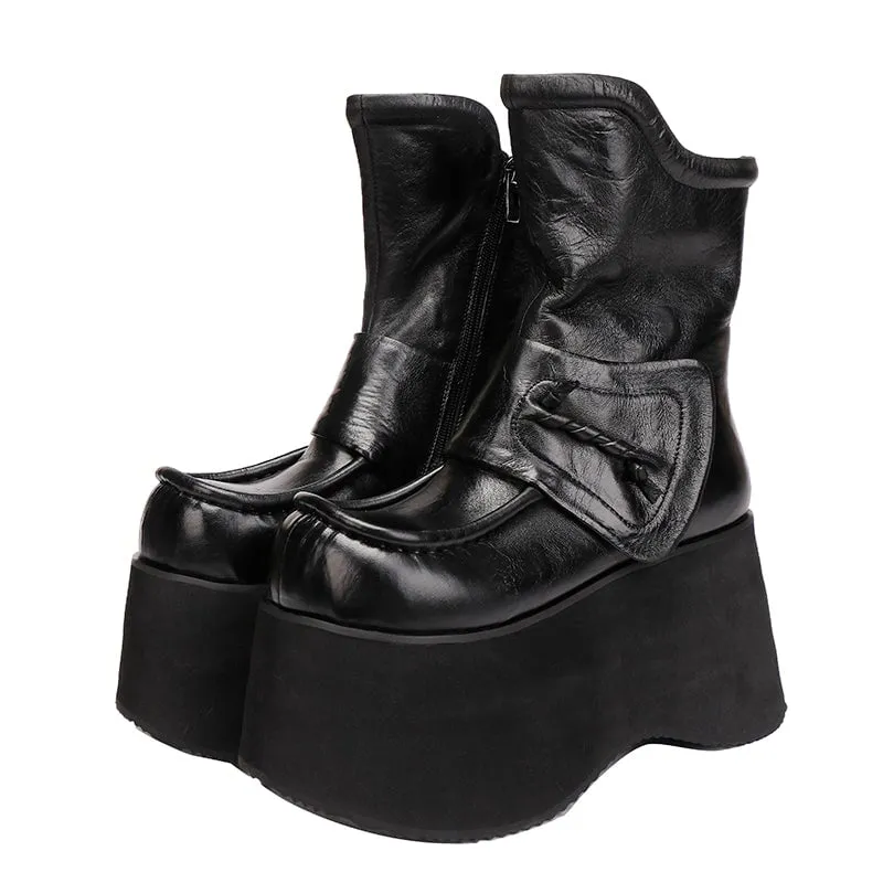 Retro Boots For Women Leather 90mm Platform Boots Touch-strap in Black/Coffee