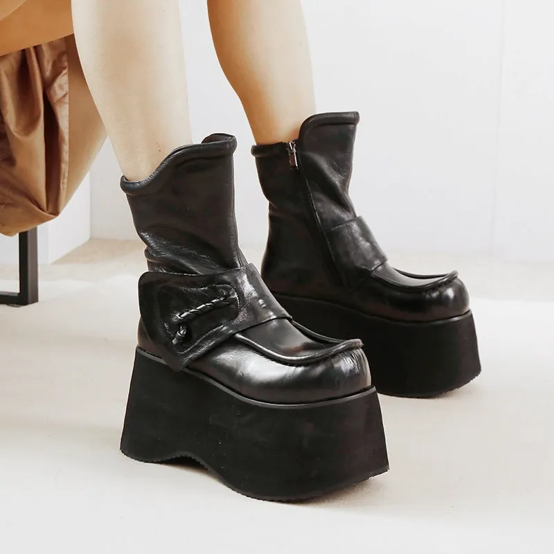 Retro Boots For Women Leather 90mm Platform Boots Touch-strap in Black/Coffee