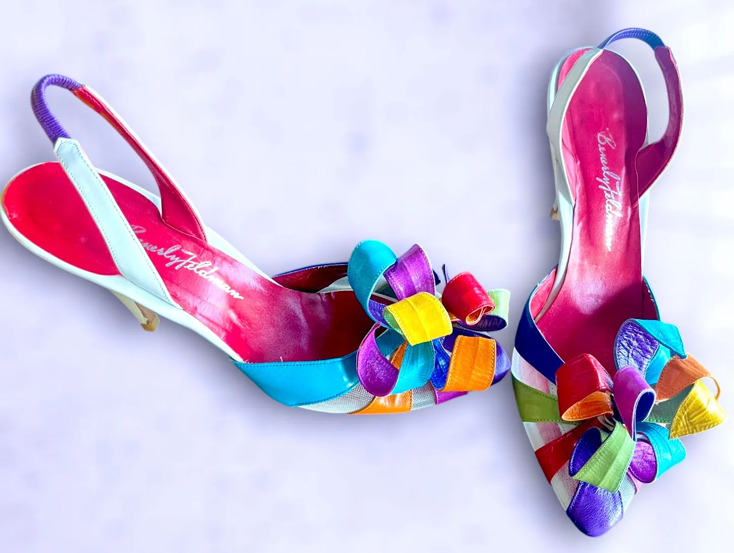 Vintage 1970’s Rainbow Leather Curly Flower Petal & See Through Mesh Panel Slingback Stiletto Heels
