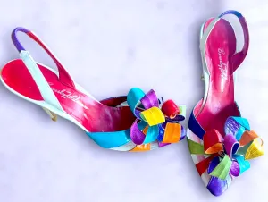 Vintage 1970’s Rainbow Leather Curly Flower Petal & See Through Mesh Panel Slingback Stiletto Heels