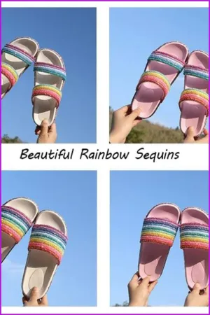 White/Pink Rainbow Sequins Flat Slippers
