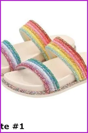 White/Pink Rainbow Sequins Flat Slippers