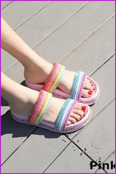 White/Pink Rainbow Sequins Flat Slippers