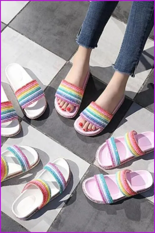 White/Pink Rainbow Sequins Flat Slippers