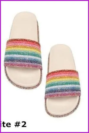 White/Pink Rainbow Sequins Flat Slippers