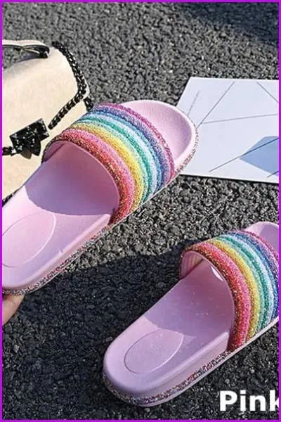 White/Pink Rainbow Sequins Flat Slippers