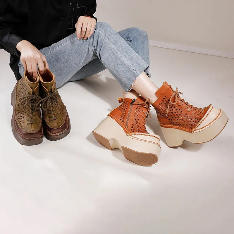 Women's 85mm Platform Ankle Booties Round Toe Design Cut Out Martin Boots Brown/Khaki