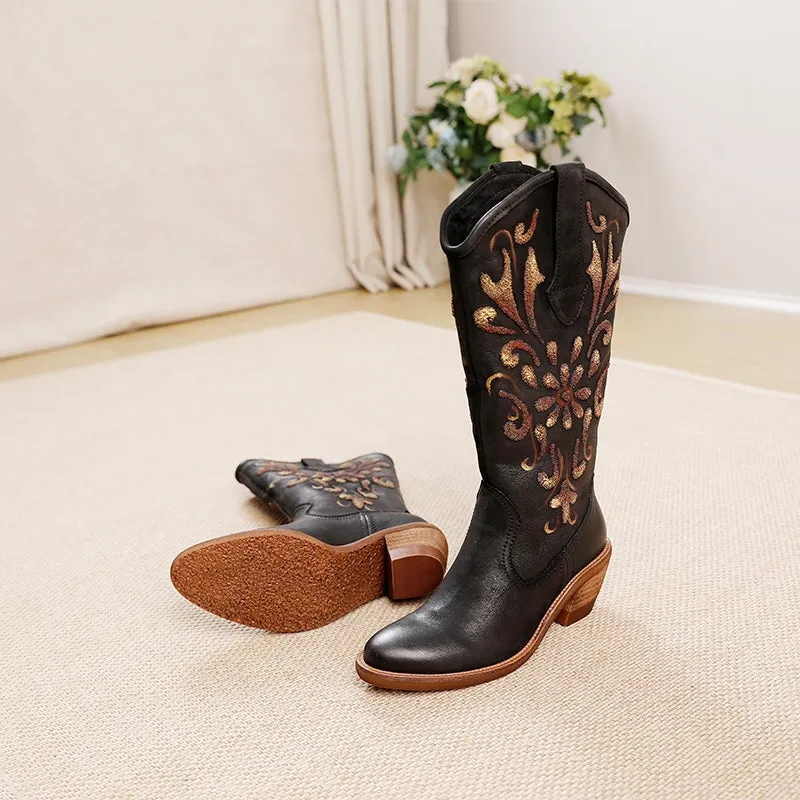 Womens Contrast Flowers Carving Western Boots Knee High Leather Cowboy Boots in Black/Coffee