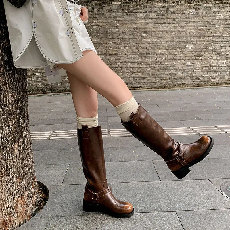 Women's Knee-High Leather Moto Boots with Buckle Strap and Block Heel in Brown/Black