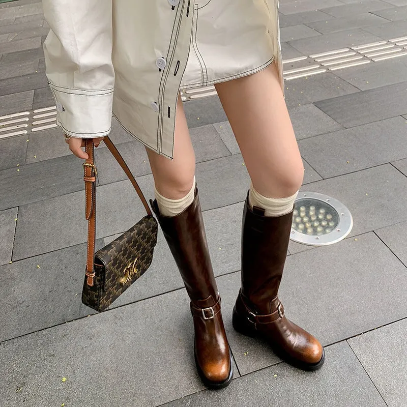 Women's Knee-High Leather Moto Boots with Buckle Strap and Block Heel in Brown/Black