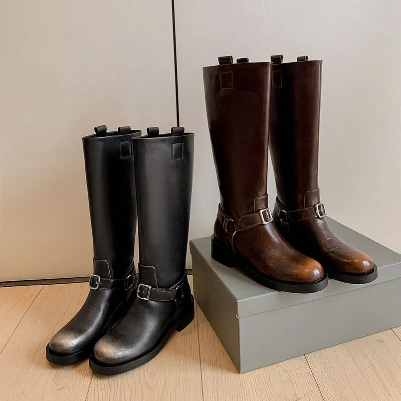 Women's Knee-High Leather Moto Boots with Buckle Strap and Block Heel in Brown/Black