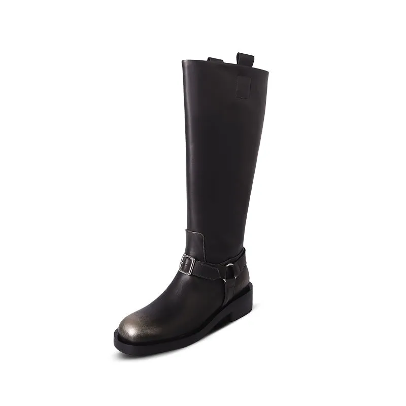 Women's Knee-High Leather Moto Boots with Buckle Strap and Block Heel in Brown/Black
