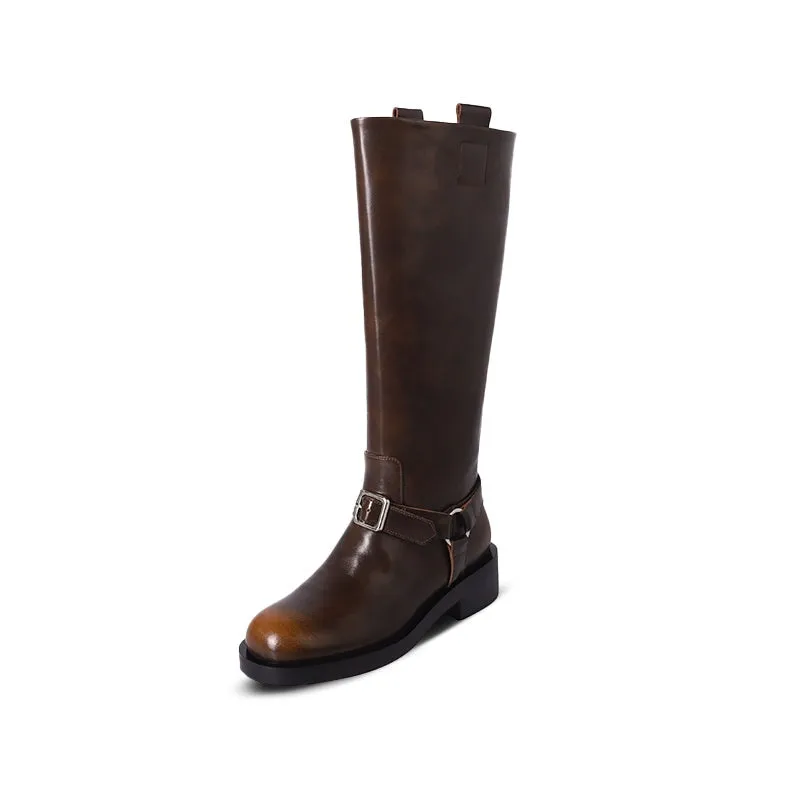 Women's Knee-High Leather Moto Boots with Buckle Strap and Block Heel in Brown/Black