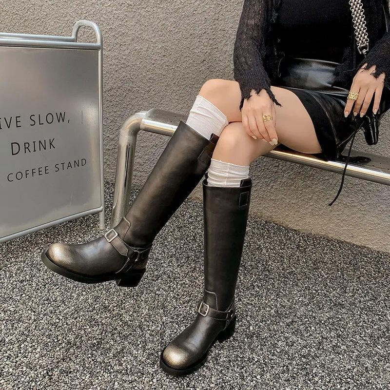 Women's Knee-High Leather Moto Boots with Buckle Strap and Block Heel in Brown/Black