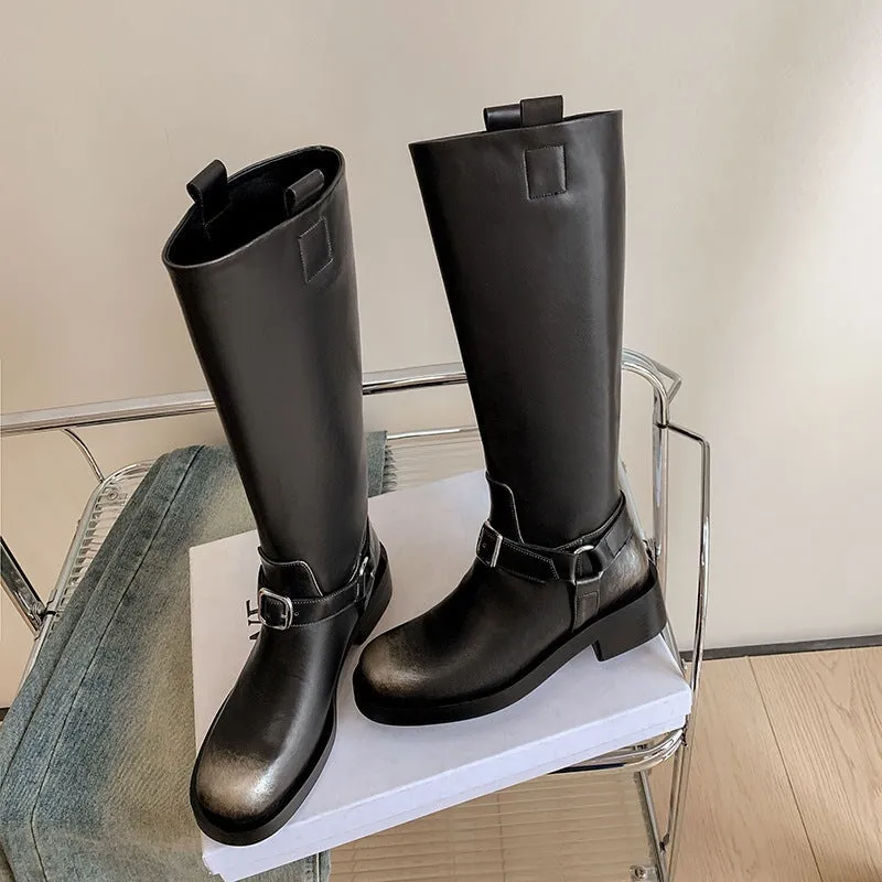 Women's Knee-High Leather Moto Boots with Buckle Strap and Block Heel in Brown/Black