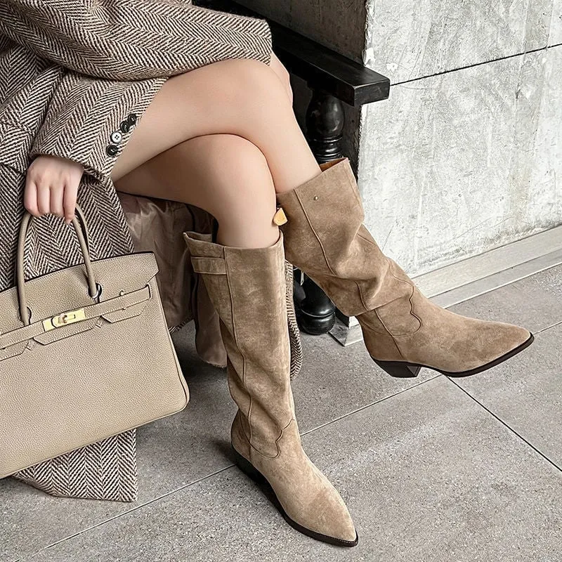 Womens Western Suede Knee High Boots Block Heel - Black/Khaki/Brown Cowgirl Boots