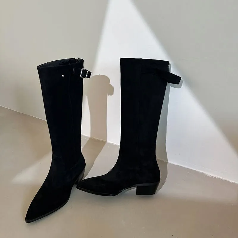 Womens Western Suede Knee High Boots Block Heel - Black/Khaki/Brown Cowgirl Boots