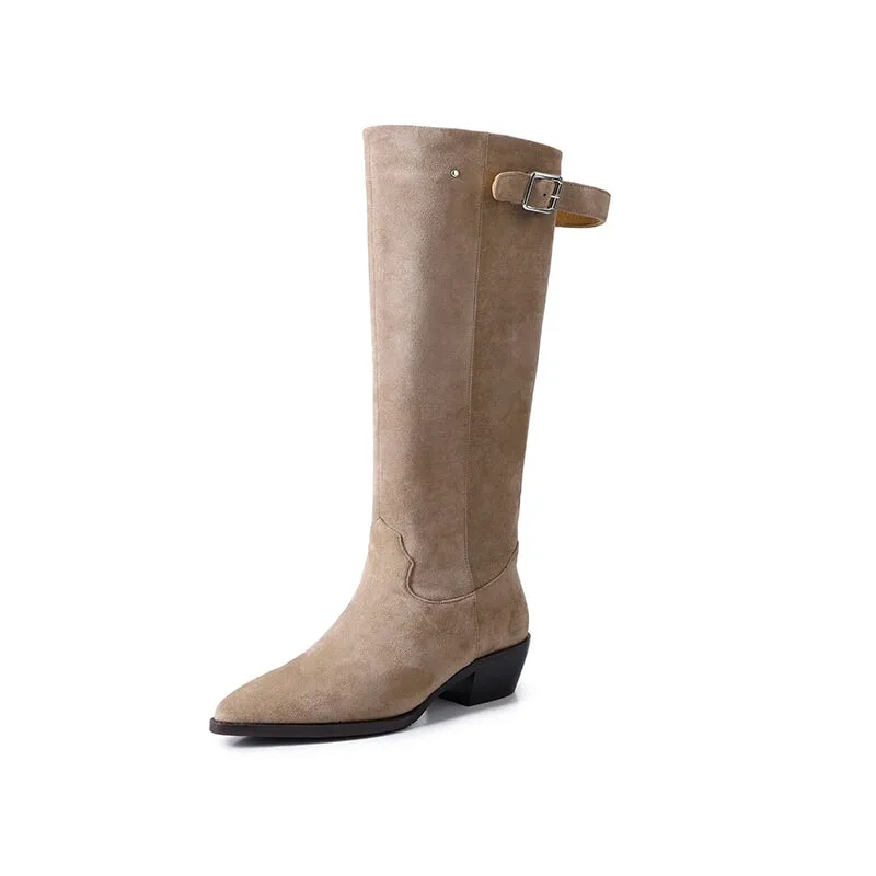 Womens Western Suede Knee High Boots Block Heel - Black/Khaki/Brown Cowgirl Boots