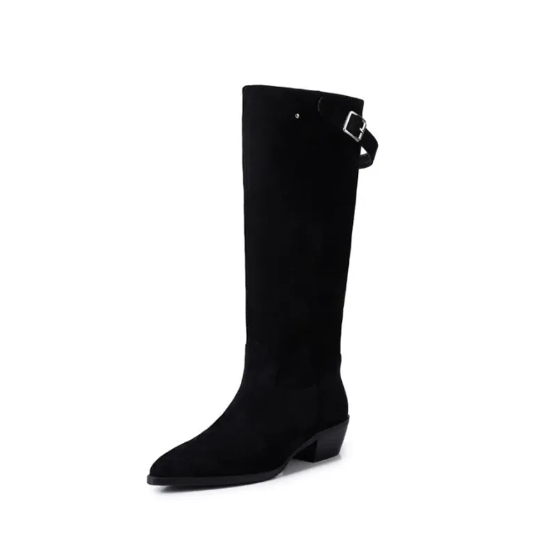 Womens Western Suede Knee High Boots Block Heel - Black/Khaki/Brown Cowgirl Boots