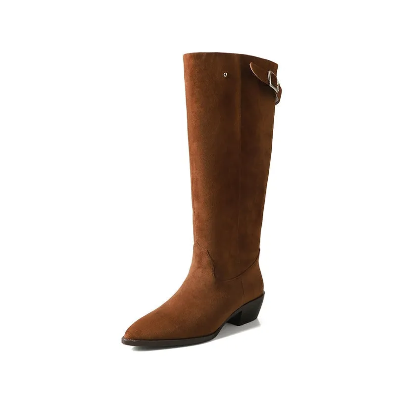 Womens Western Suede Knee High Boots Block Heel - Black/Khaki/Brown Cowgirl Boots