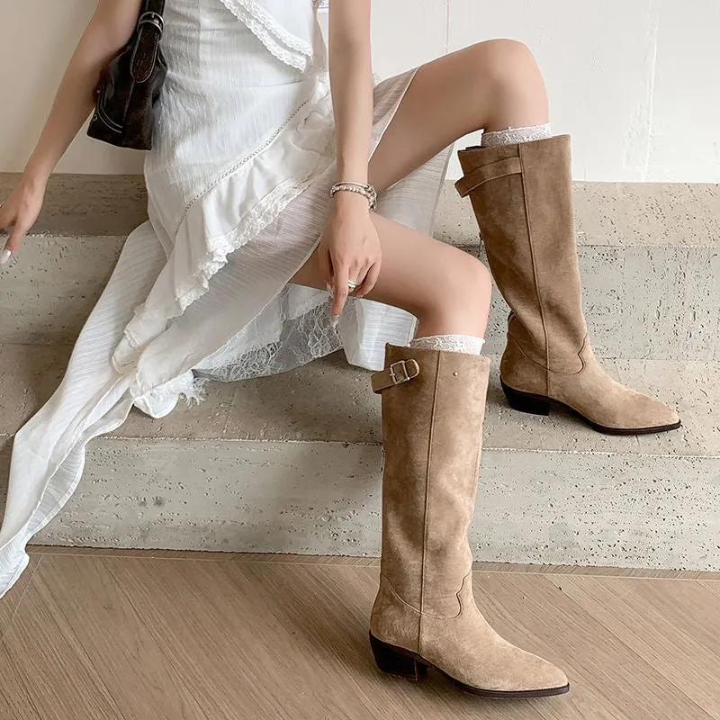 Womens Western Suede Knee High Boots Block Heel - Black/Khaki/Brown Cowgirl Boots