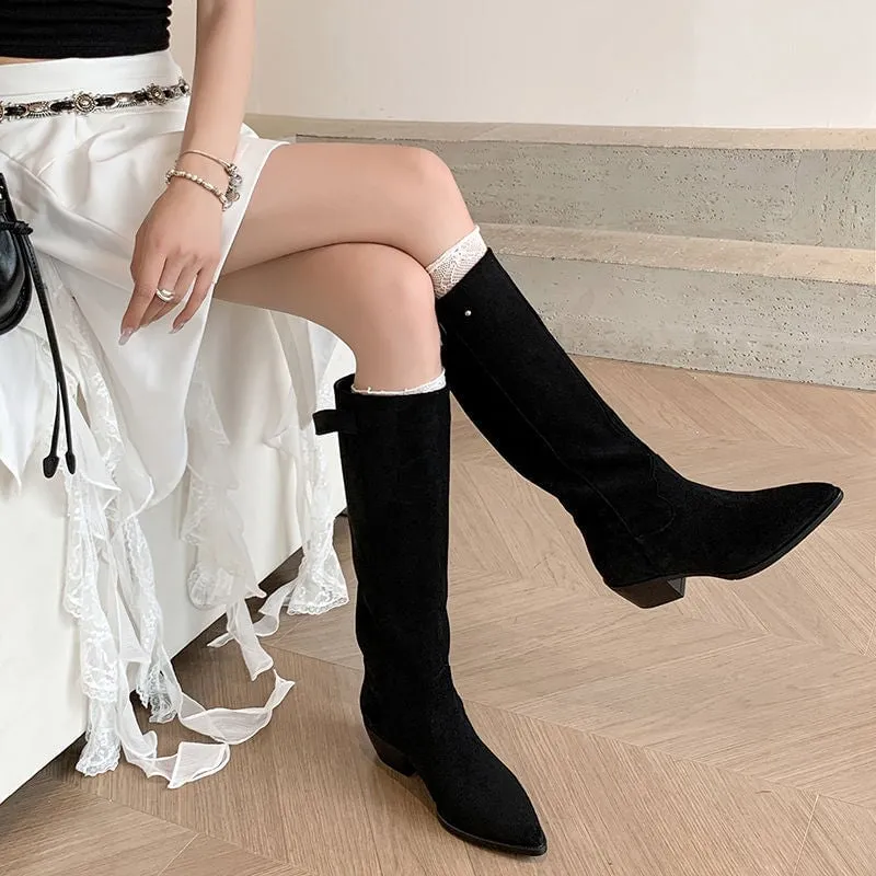 Womens Western Suede Knee High Boots Block Heel - Black/Khaki/Brown Cowgirl Boots