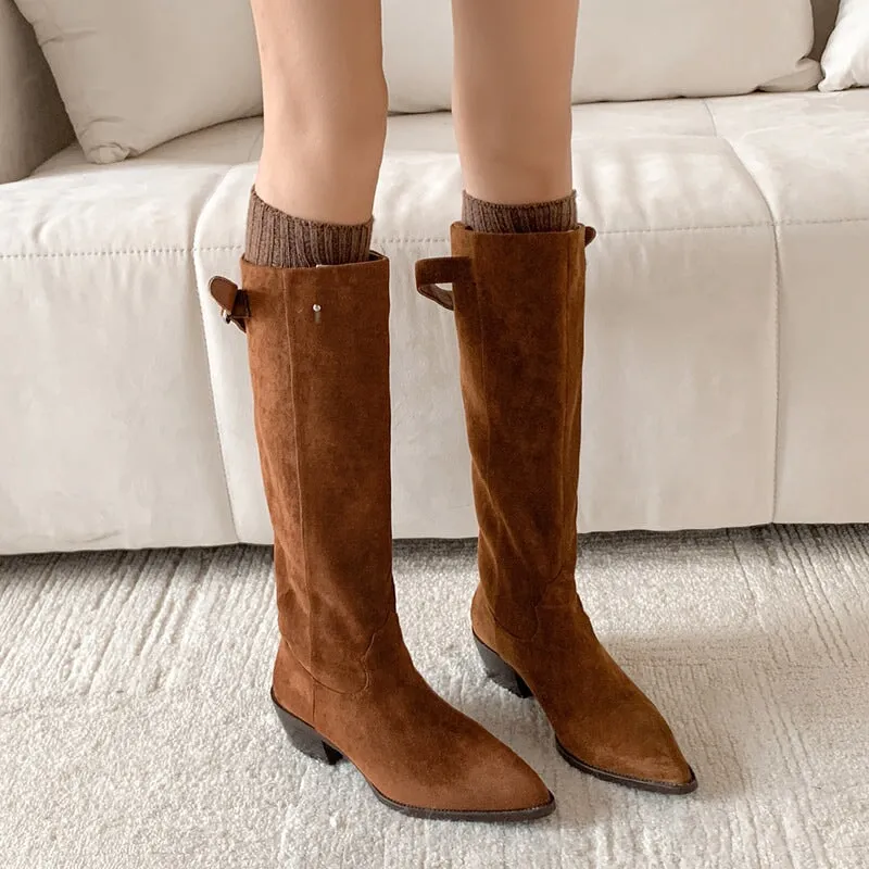Womens Western Suede Knee High Boots Block Heel - Black/Khaki/Brown Cowgirl Boots